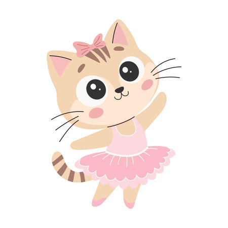The cute animal is doing ballet. Cute cartoon cat in a pink tutu. Vector illustration.のイラスト素材