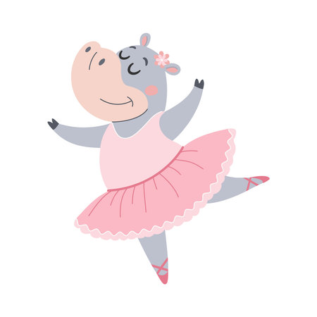 A cute animal is doing ballet. Cute hippo ballerina in a pink tutu dancing vector illustration.のイラスト素材