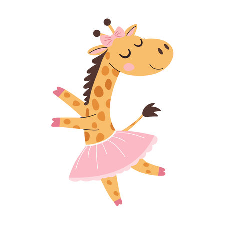 Cute Giraffe Wearing Pink Tutu Dancing Vector Illustrationのイラスト素材