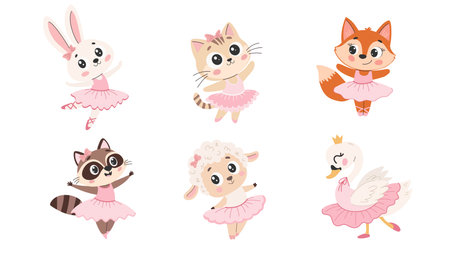 Cute cartoon animals in ballet tutu and ballet shoes. Vector illustration.のイラスト素材