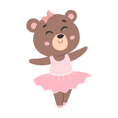 A cute animal is doing ballet. Cute teddy bear ballerina in pink tutu vector illustration.のイラスト素材