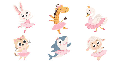 Set of cute cartoon animals in a pink tutu. Vector illustrationのイラスト素材