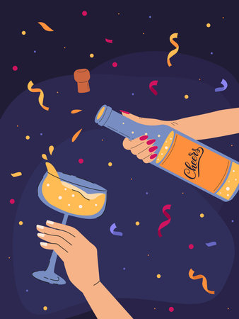 Celebration. Hands clinking glasses with champagne. Human hands with champagne glasses and sparklers on confetti background. Vector illustrationのイラスト素材