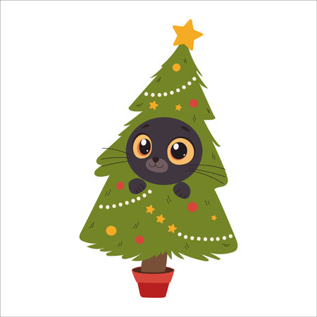 Cute black cat in a Christmas tree. Vector illustration in a simple children's style.のイラスト素材