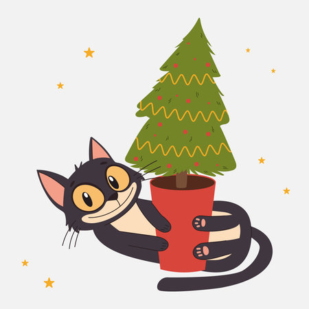 Cute cartoon black cat with a Christmas tree. Vector illustration in a simple children's style.のイラスト素材