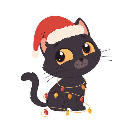 Cute black cat in a Christmas hat with garland. Vector illustration in a simple children's style.のイラスト素材