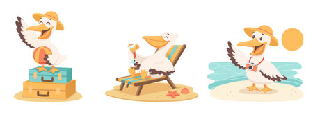 Set of cute cartoon pelicans on the beach. Vector illustration.のイラスト素材