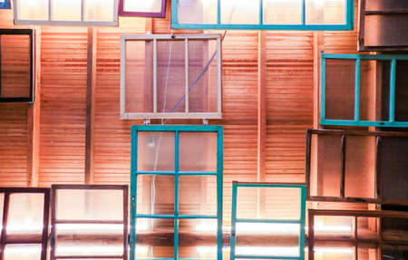 Vantage back ground. The ceiling decorated with old wooden door, characteristic minnan houses in...