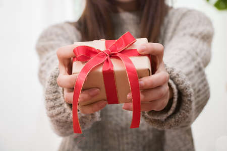 Smiling young woman deliver the Christmas present box.