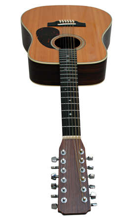 Isolated wooden guitar from unique perspective