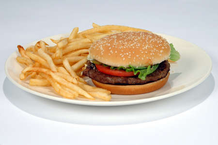 Hamburger and fries on a white background (With clipping Path)