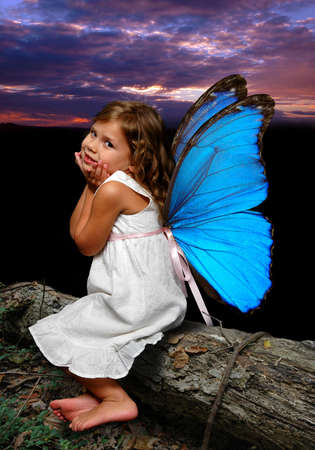 Little fairy with buttlerfly wings over a daybreak background.の写真素材