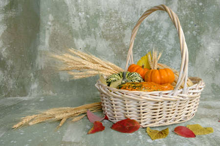 Harvest produce in a basket over textured backgroundの写真素材