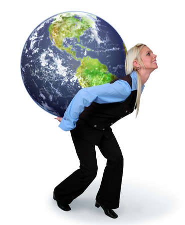 Young woman holding the earth on her back isolated over a white background.の写真素材