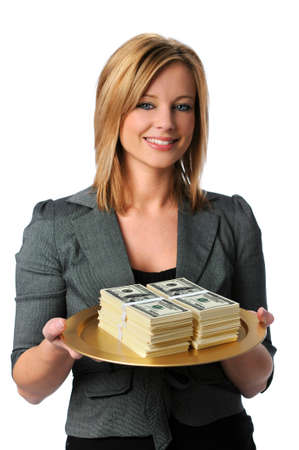 Beautiful young woman with money on a platterの写真素材