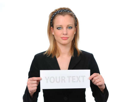 Young woman with blank ad (Just add your text)の写真素材