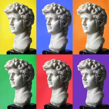 Sculpture of head of David in a collage with different color backgrounds