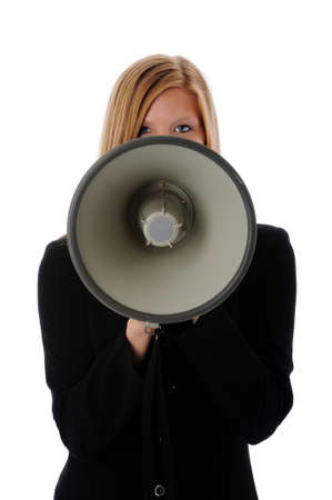 Businesswoman using megaphone isolated over a white bakgroundの写真素材
