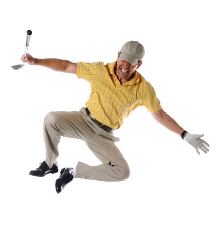 Golfer clicking heels to celebrate isolated over a white backgroundの写真素材