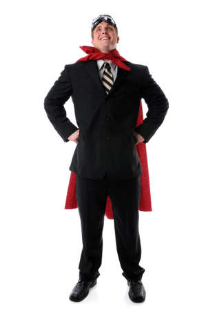 Super businessman with cape and goggles smiling confidently