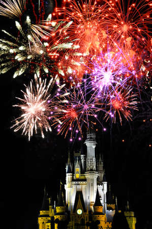 Disney World Magic Kingdom with Fireworks at nightのeditorial素材