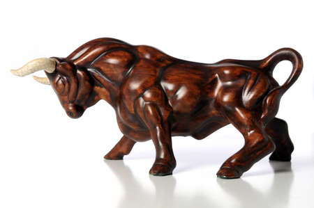 Vintage sculpture of bull with white hornsの写真素材