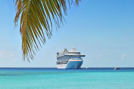 Palm tree and cruise ship in background in tropical islandの写真素材