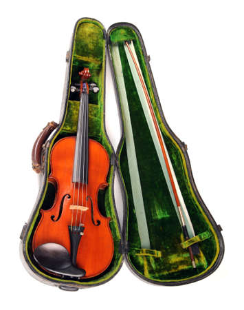 Antique violin in its case isolated over white backgroundの写真素材