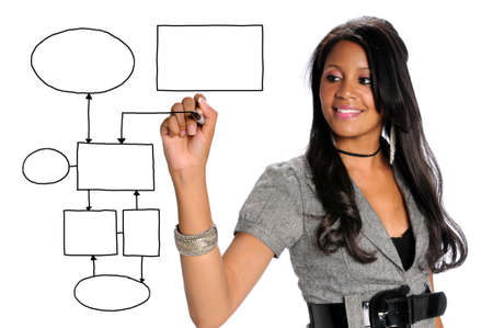African American businesswoman drawing chart on transparent glassの写真素材