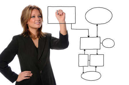 Beautiful busineswoman drawing chart over white backgroundの写真素材