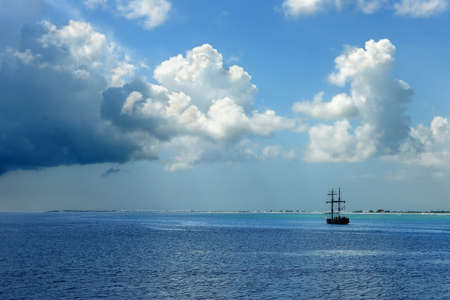 Pirate ship sailing on Caribbean waters in the Cayman Islands