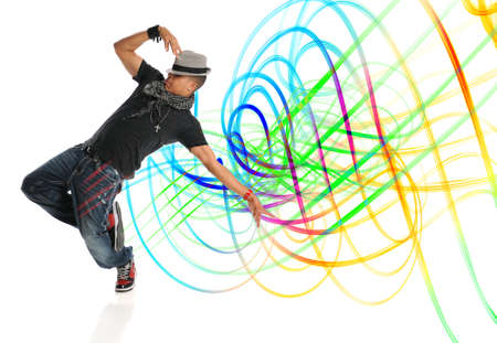 Hip hop dancer performing with light painting isolated over white background
