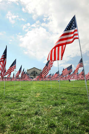 SAINT LOUIS, MO - SEPTEMBER 13: Nearly 3000 flags each with the name of the victims of 9-11 wave...