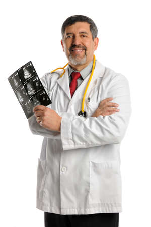 Portrait of Hispanic doctor holding ultrasound film isolated over white background