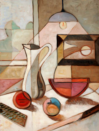 Abstract oil painting of still life with pitcher and fruits