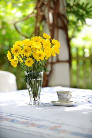 Yellow daisies and tea cup on table outdoors