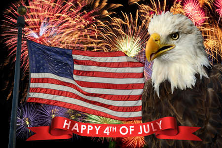 Fireworks display during fourth of July with American flag and bald eagle