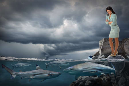 Competitive business concept with businesswoman looking at sharks swimming in oceanの写真素材