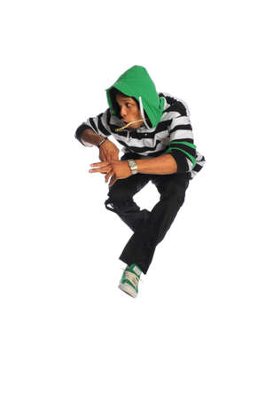 African American hip hop dancer jumping isolated over white background