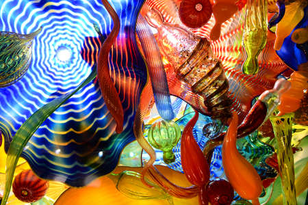 INDIANAPOLIS, IN - JULY 22: Glass artwork by artists Dale Chihully in the ceiling of the Children's Museum of Indianapolis on July 22, 2014 in Indianapolis Indianaのeditorial素材