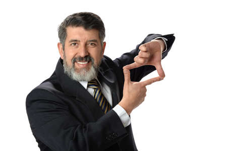 Hispanic businessman creating frame with hands isolated over white background