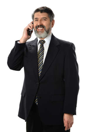 Hispanic businessman using cellphone isolated over white backgroundの写真素材