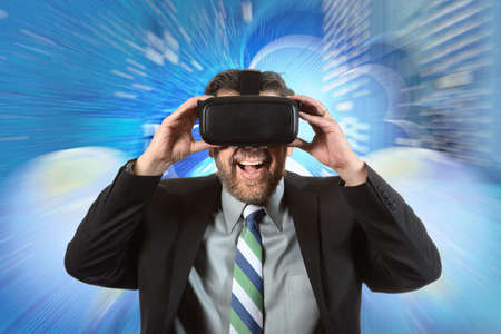 Portrait of mature businessman using virtual reality glasses over digital background