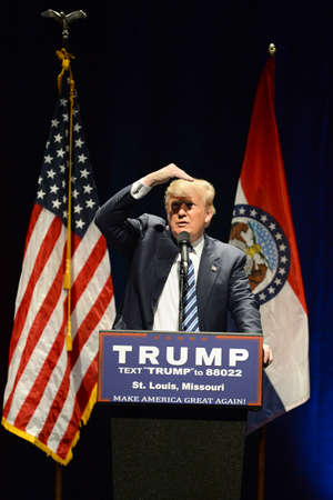 Saint Louis, MO, USA - March 11, 2016: Donald Trump looks at heckler during speach at the Peabody Opera House in Downtown Saint Louis.