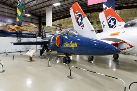 Kalamazoo, MI, USA â€“ June 23, 2016: Blue angel Grumman F-11 Tiger on display at the Air Zoo...