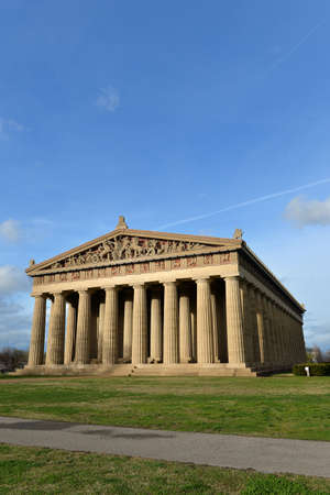 View of replica of Parthenon in Centennial Park in Nashville, Tennessee during late afternoonの写真素材
