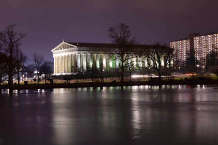 Replica of Parthenon in Centennial Park in Nashville, Tennessee at nighの写真素材