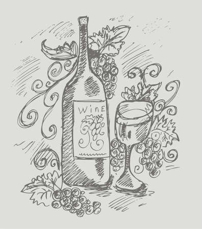 wine bottle and grapes . hand-drawing のイラスト素材