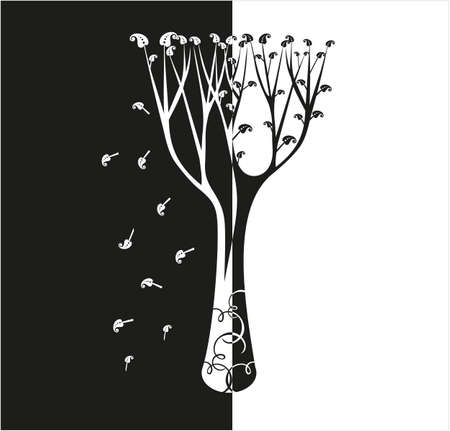 Tree with flying leaves, black and white.のイラスト素材