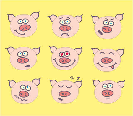 Funny Cartoon Pig With Various Emotions Vectorのイラスト素材